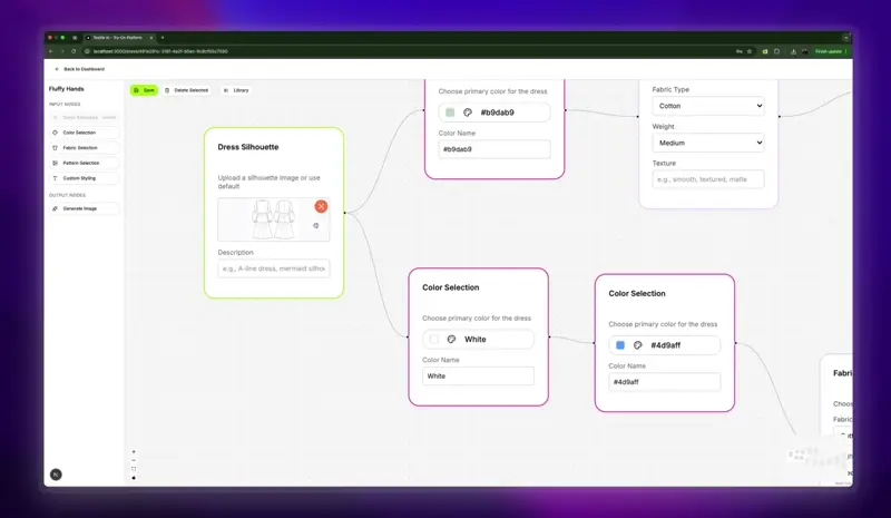 AI fashion design canvas workflow animation showing sketch to dress generation process